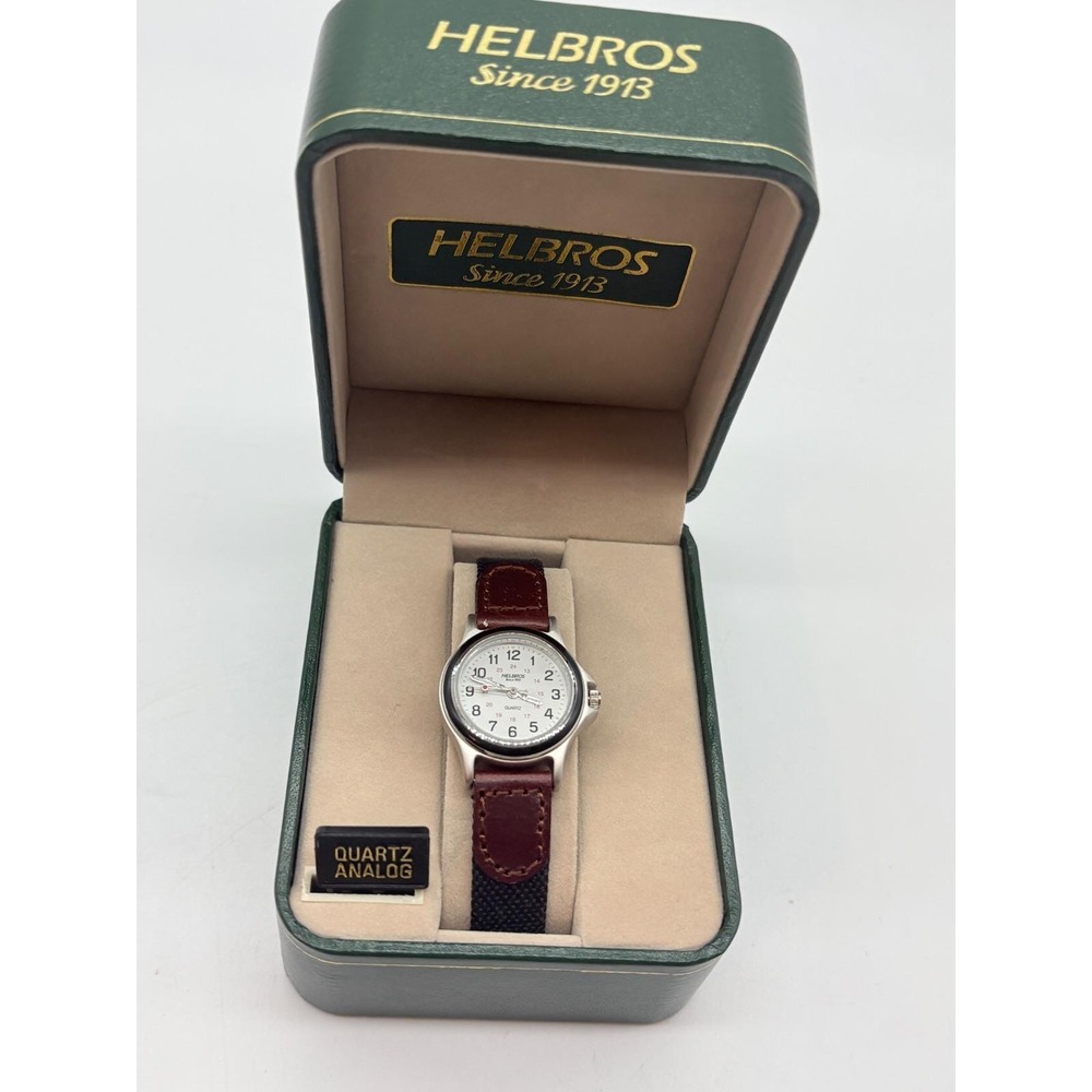Helbros Ladies Quartz Analog Watch White Dial Brown Black Strap NIB Need Battery
